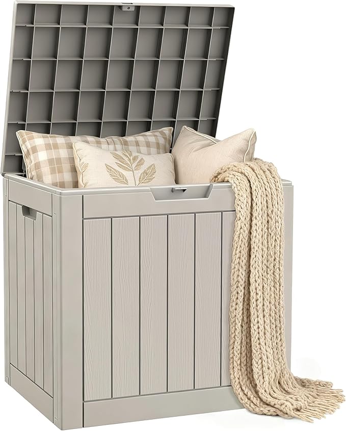 25 Gallon Outdoor Deck Box - Lockable Waterproof Storage Container, Resin Weatherproof Box for Patio Garden Furniture Pool Tools Cushions, Grey