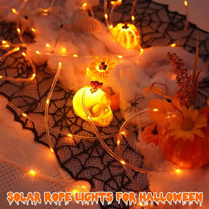 QITONG 2 Pack Solar Halloween Lights, Each 33ft 100 LED Orange String Lights, 8 Modes Fairy Lights in Clear Thin Tube for Thanksgiving Fall Decor