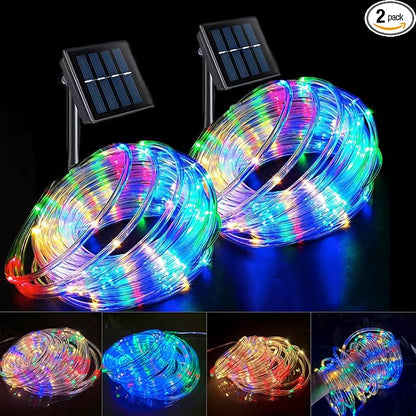 2Pack Solar Outdoor Garden Lights, Total 200LED Rope Decor Lights | Waterproof Auto On/Off with 8 Modes, Fairy Tree Rope Lights for Christmas Patio Garden Tree Wedding and Holiday Multicolor