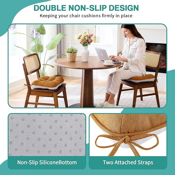 BETU Chair Cushions for Dining Chairs Set of 6,3.5" Thick Kitchen Table Chair Pads with Ties,Non Slip Backing and Covers, Seat Cushion for Dining Room,Bar,Patio Chairs,15.5"X15.5"X3.5",Caramel