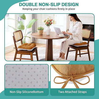 BETU Chair Cushions for Dining Chairs Set of 6,3.5" Thick Kitchen Table Chair Pads with Ties,Non Slip Backing and Covers, Seat Cushion for Dining Room,Bar,Patio Chairs,15.5"X15.5"X3.5",Caramel