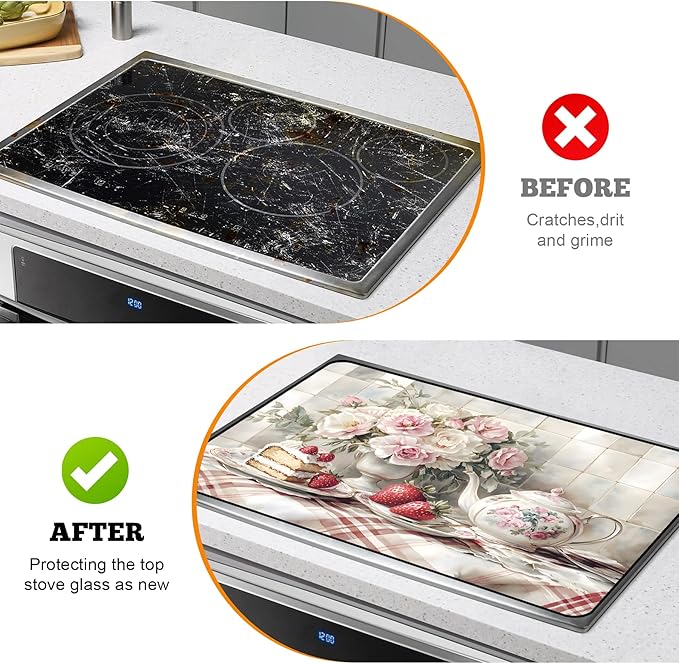 Multi-Design Stove Cover for Glass/Electric Stoves - 3-in-1 Heat-Resistant Protector Mat, Non-Slip Drying Rack 28"x20"
