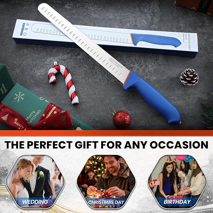 DRAGON RIOT Carving Knife 10 Inch, Brisket Slicing Knife, Ultra Sharp Straight Edge Meat Knife, German 1.4116 Stainless Steel, Professional Slicer for Beef, Turkey & BBQ, Non-Slip Blue Handle