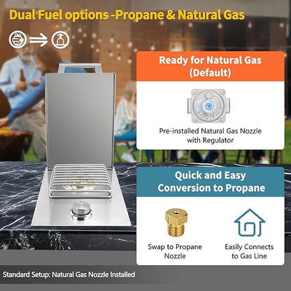 Built-in Single Grilling Side Burner for Outdoor Grill, Heavy-Duty 304 Stainless Steel, Drop in Side Burner With Cover, 15,000BTU Natural Gas & Propane, Single Side Burner for Family Patio Parties