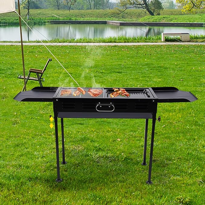 Large Charcoal BBQ Grills, Portable Charcoal Grill Adjustable Height, Outdoor Barbecue Grill with Dual-Zone Individual & Adjustable Charcoal Tray, Black