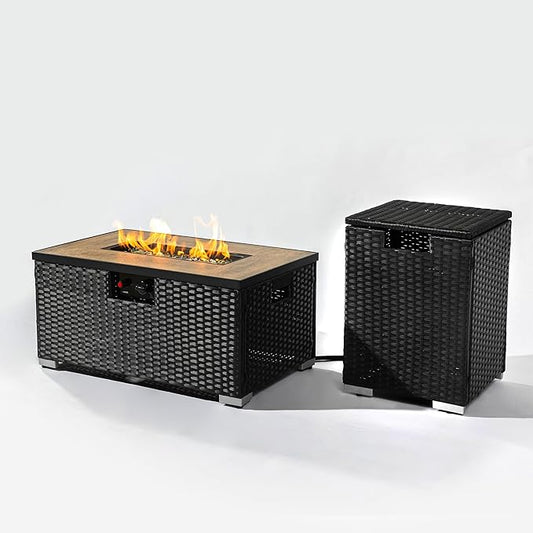 KEIKI 32 Inch Rectangular Fire Pit Table with Tank Holder, Outdoor Propane Gas Firepit Set with Cover, 50000 BTU Wicker Patio Heater