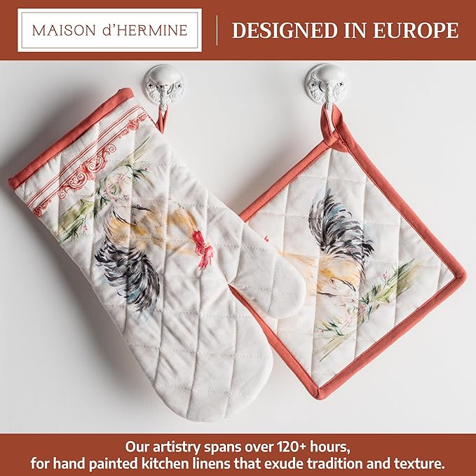 Maison d' Hermine 100% Cotton Oven Mitt & Pot Holder Set (7.5"x13" & 8"x8") Heat Resistant BBQ Cooking Gloves with Loop Baking Grilling Kitchen Hotel Home Farmhouse Spring Summer (Campagne)