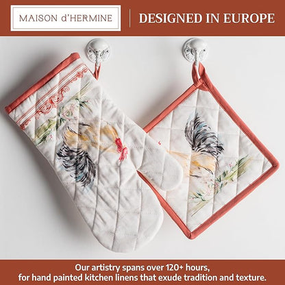 Maison d' Hermine 100% Cotton Oven Mitt & Pot Holder Set (7.5"x13" & 8"x8") Heat Resistant BBQ Cooking Gloves with Loop Baking Grilling Kitchen Hotel Home Farmhouse Spring Summer (Campagne)