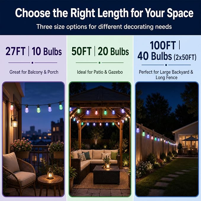 50FT Outdoor String Lights, 20 RGBW Patio Lights, App & Remote | 20 ST48 milk white bulbs with RGBW color changing light, timer and music sync for patio, porch, balcony, backyard decor