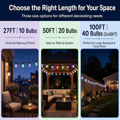 50FT Outdoor String Lights, 20 RGBW Patio Lights, App & Remote | 20 ST48 milk white bulbs with RGBW color changing light, timer and music sync for patio, porch, balcony, backyard decor