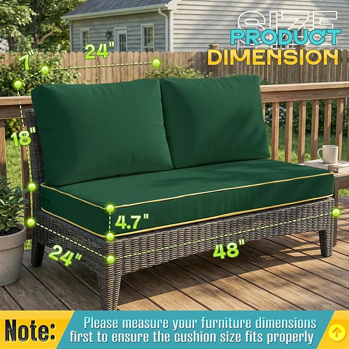 Outdoor Loveseat Cushion Set - High Back Deep Seat Patio Sofa & Back Pillows, Thick Comfort Foam 45x22 for Porch Deck Garden Furniture Replacement (Green)