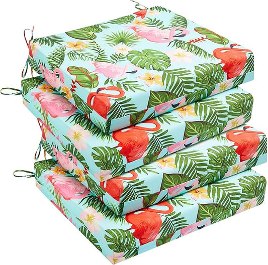 downluxe Outdoor Chair Cushions Set of 4 for Patio Furniture, Water-Resistant Square Corner Patio Chair Cushions with Ties, High Density Foam Outdoor Seat Cushion, 18.5" X 16" X 3", Tropical Flamingo