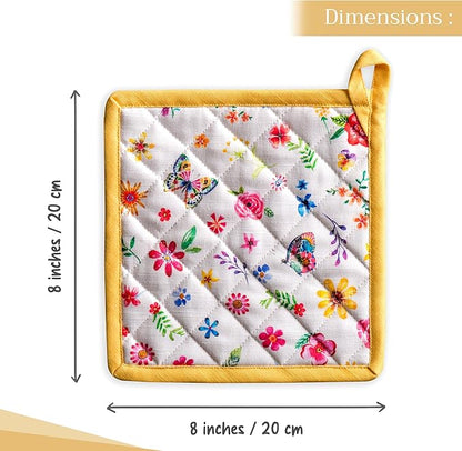 Maison d' Hermine Pot Holders 100% Cotton Heat Resistant Potholders 8" x 8" Hot Pads with Loop BBQ Baking Hotel Farmhouse Kitchen Handling Hot Pans Spring Summer (Pack of 1, Happy Florals - Sweety)