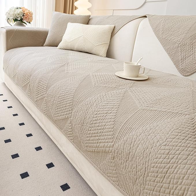 vctops Cotton Quilted Couch Covers for Sectional Sofa (Khaki,28"x47") | Geometric Washable Non Slip Sofa Slipcover for Dogs, Children, Pets Furniture Protector Cover