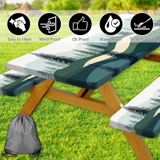 Picnic Table Cover with Bench Covers, Green Blue Camping Tablecloth Waterproof Windproof, Fitted Tablecloth Cover with Elastic Edge, for Indoor & Outdoor, Garden, Camping, 3 Pieces Set, 30x72 Inch