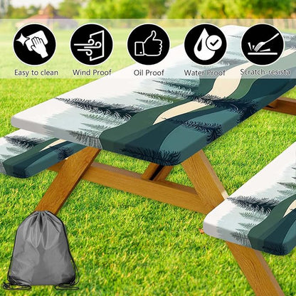 Picnic Table Cover with Bench Covers, Green Blue Camping Tablecloth Waterproof Windproof, Fitted Tablecloth Cover with Elastic Edge, for Indoor & Outdoor, Garden, Camping, 3 Pieces Set, 30x60 Inch