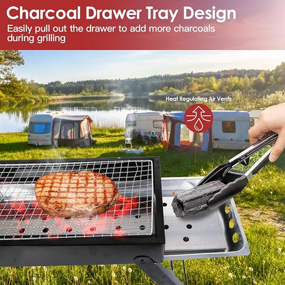 KOCASO Foldable Charcoal BBQ Grill with Stainless Steel Grill Net, Easy Setup Portable Tabletop Barbecue Grill for Camping, Picnic, Outdoor Party, Backyard, Hiking, Traveling