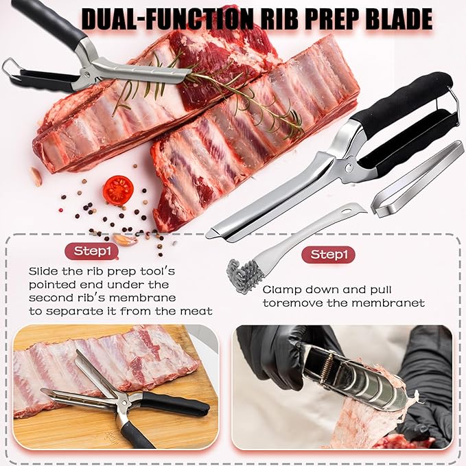 Rib Membrane Removal Tools, Rib Prep Tool, Stainless Steel BBQ Rib Skinner with Tweezer plier, BBQ Cleaning Brush and Gloves, for Easy Rib Skinner, Kitchen Gadgets for Barbecue Enthusiasts & Chefs
