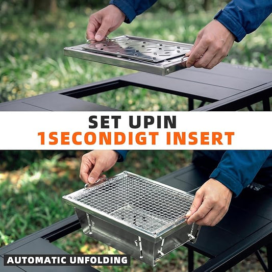 Camping Charcoal Grill for IGT Table, Folding Barbecue Grill with Tongs & Carry Bag, Portable BBQ Grill for Outdoor Car Camping Cooking Tailgating