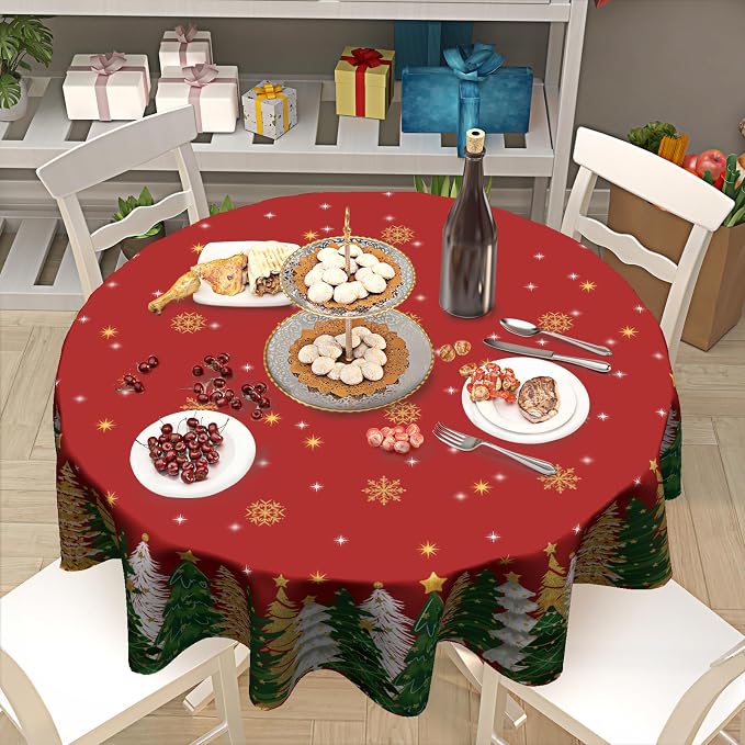 Sweetshow Winter Gold Snowflake Table Cloth Round Xmas Trees Red Tablecloth 70 Inch Decor Washable Stain and Wrinkle Resistant Round Table Cover for Dining Picnic