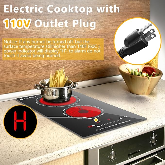 2 Burner Electric Cooktop, 110-120V Plug In Countertop Stove, Touch Control with 99-Min Timer, Child Lock & Auto Shutoff, 12 Inch Radiant Cooktop for Indoor Cooking