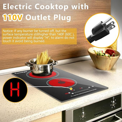 2 Burner Electric Cooktop, 110-120V Plug In Countertop Stove, Touch Control with 99-Min Timer, Child Lock & Auto Shutoff, 12 Inch Radiant Cooktop for Indoor Cooking