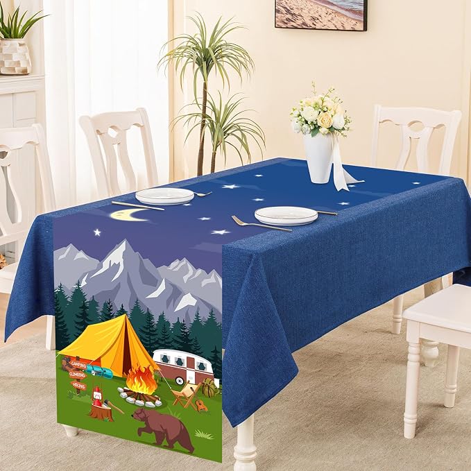 Camping Theme Table Runner, Forest Adventure Linen Fabric Table Runner for Everyday Use 72 x 13 Inches, Washable Table Cover for Indoor Outdoor Kitchen Dining Table Decor