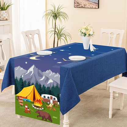 Camping Theme Table Runner, Forest Adventure Linen Fabric Table Runner for Everyday Use 72 x 13 Inches, Washable Table Cover for Indoor Outdoor Kitchen Dining Table Decor