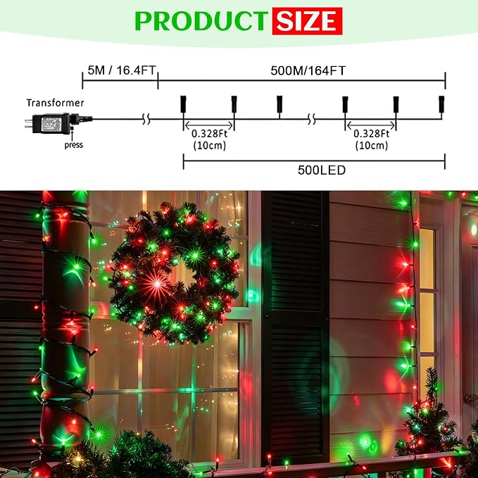 kemooie 500 LED Christmas String Lights, 164FT 8 Lighting Mode with Memory Plug in Green Wire Waterproof Lights, for Outdoor Birthday Christmas Party Garden Balcony Decorations (Red and Green)