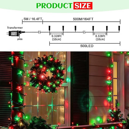 kemooie 500 LED Christmas String Lights, 164FT 8 Lighting Mode with Memory Plug in Green Wire Waterproof Lights, for Outdoor Birthday Christmas Party Garden Balcony Decorations (Red and Green)