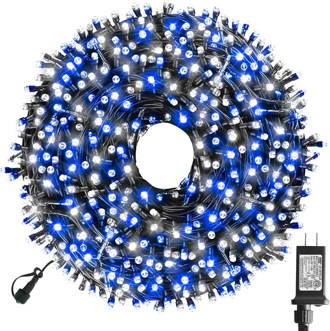Christmas String Lights, 105ft 300 LED Christmas Lights | 8 Modes Memory Function & Timer- UL Certified Outdoor Indoor Christmas Fairy Lights for Tree, Garden, Party(Blue + White)