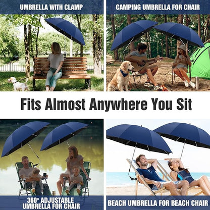 2 PACK Beach Umbrella with Clamp, 360 ° Adjustable Umbrellas for Chair, UPF50+ Umbrella for Beach Chair, Patio Chair, Wheelchair, Camping Chair, Golf Carts (Chair Not Included)
