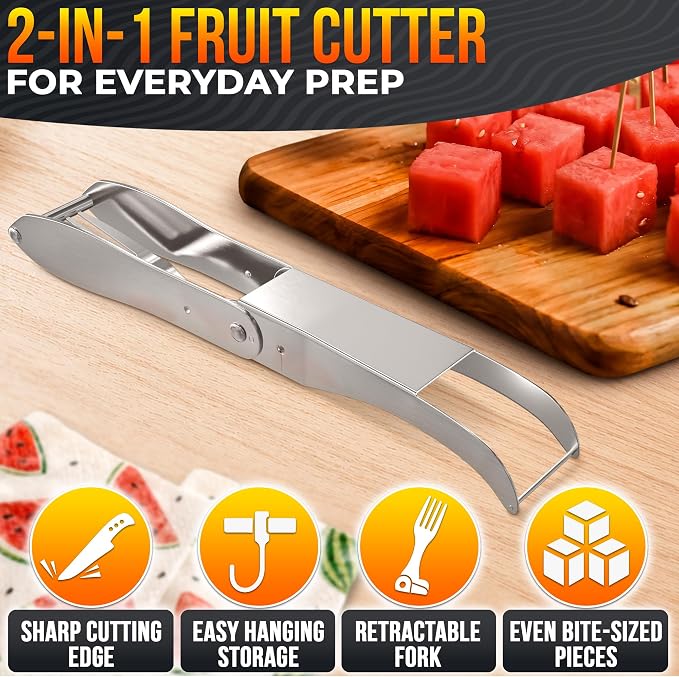 2-in-1 Watermelon Cutter Slicer Tool, Watermelon Fork, 304 Steel | Fruit Cutter Tool that Cube Mango, Cantaloupe & Dragon Fruit for Parties, Picnics & Summer Salads by Dual-Sided Blades