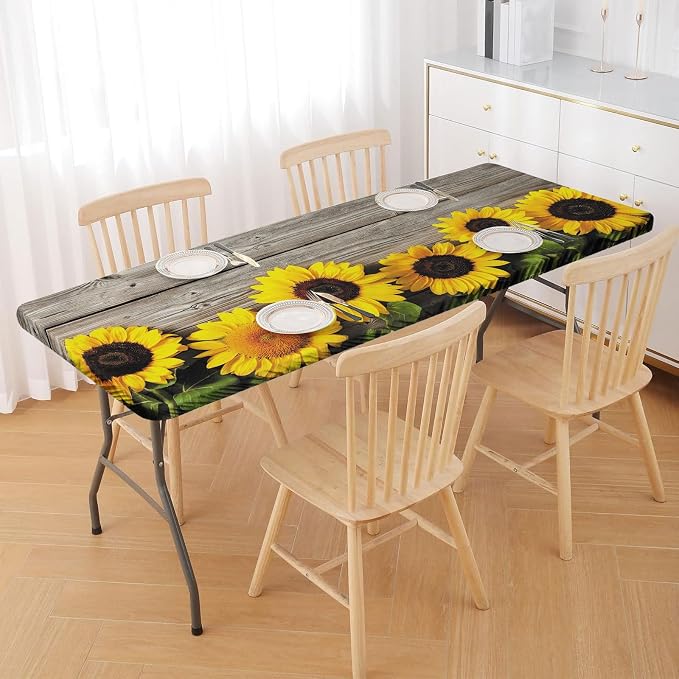 Irisbell Picnic Table Cover with Elastic Edge,6FT Wind Proof Wrinkleproof Fitted Tablecloth Cover Camping Beach Patio Rectangle Table Cloth for Indoor Outdoor (Wood & Sunflower, 30'' x 72'')