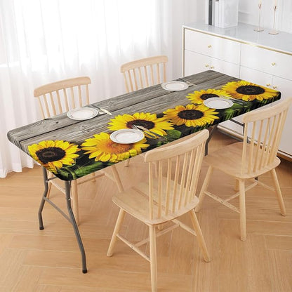 Irisbell Picnic Table Cover with Elastic Edge,6FT Wind Proof Wrinkleproof Fitted Tablecloth Cover Camping Beach Patio Rectangle Table Cloth for Indoor Outdoor (Wood & Sunflower, 30'' x 72'')