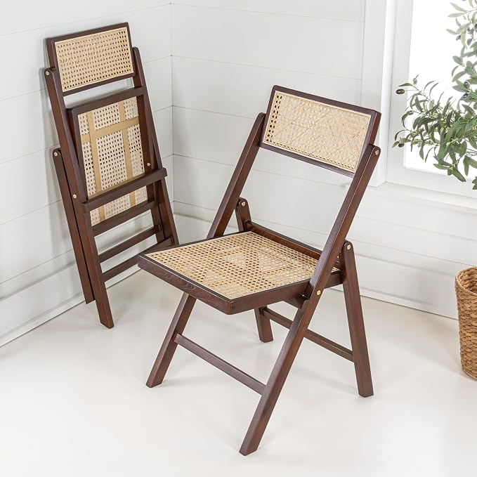 JONATHAN Y Theo Teak Wood and Rattan Folding Chairs, Set of 2, Dark Brown | Woven Cane Seat And Back, Portable Lightweight Design, For Dining And Living Room, Mid-Century Vintage Bohemian Style