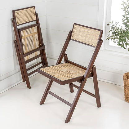 JONATHAN Y Theo Teak Wood and Rattan Folding Chairs, Set of 2, Dark Brown | Woven Cane Seat And Back, Portable Lightweight Design, For Dining And Living Room, Mid-Century Vintage Bohemian Style
