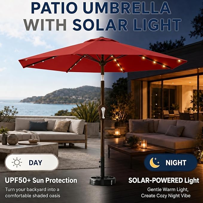 11FT Solar Patio Umbrella with Lights, Outdoor Table Market Umbrella with 32 LED Lights, 8 Sturdy Ribs, Smooth Crank Lift for Pool, Deck and Garden, UV-Resistant