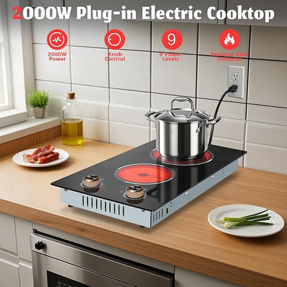 2 Burner Electric Cooktop, Built-in & Countertop Electric Stovetop 12 Inch | Ceramic Cook Top with Knob Control, 9 Power Levels Setting, Over-Temperature Protection, 110V - 120V Plug in, Traenvir