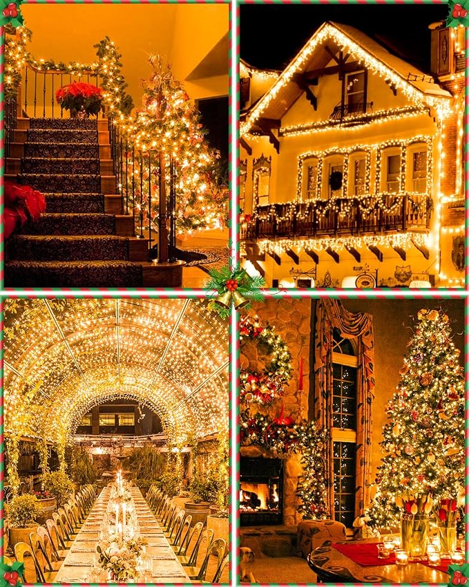 Warm White Christmas Lights Outdoor Total 710FT 1800 LED , 2 Packs 900 LED Outdoor String Waterproof, Timer & Memory, 8 Modes Dimmable Plug in Fairy for Outside Tree Holiday Party Wedding Decor