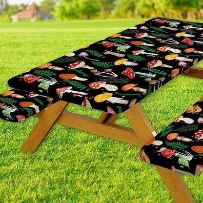 JAWO Black Picnic Table Cover with Bench Covers Elastic Edges Camping RV Essentials Waterproof Windproof Outdoor Fitted Tablecloth Rectangle Camping Tables and Seats, 30x96in