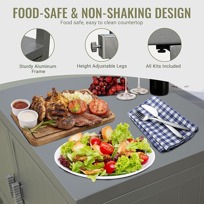 Domi Grill Carts Outdoor with Storage, Outdoor Kitchen Series with Whole Aluminum Finish & Countertop & Storage Space & Protective Cover, BBQ Grill Table for Deck Patio, Dark Gray