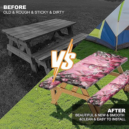 Pink Christmas Snowman Picnic Table Cover with Bench Covers and Bag, Winter Camping Tablecloth Waterproof Windproof Elastic Edges Fitted Rectangle Tables RV Gear Campers Must Have, 3 Pcs, 30x60 Inch