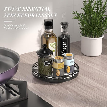 AMH 9-Inch Black and White Checkerboard Lazy Susan with Oak Base | Smooth rotating oak tray with walnut finish for dining tables, kitchen counters, pantries and cabinet storage.