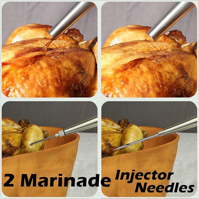 Stainless Steel Turkey Baster With Cleaning Brush - Food Grade Syringe Baster For Cooking & Basting With 2 Marinade Injector Needles - Ideal For Butter Dripping, Roasting Juices For Poultry (Black)