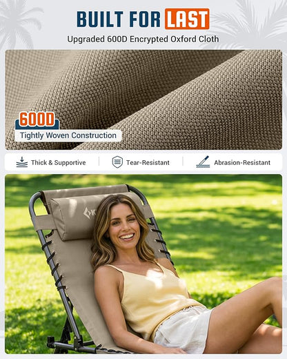KingCamp Tanning Chair with Face Hole, Lounge Chairs Outdoor Folding Comfy Adjustable 5-Position Lay Flat Foldable Chaise Chaser Lounger for Outside Beach Patio Sun Bathing Pool, Beige