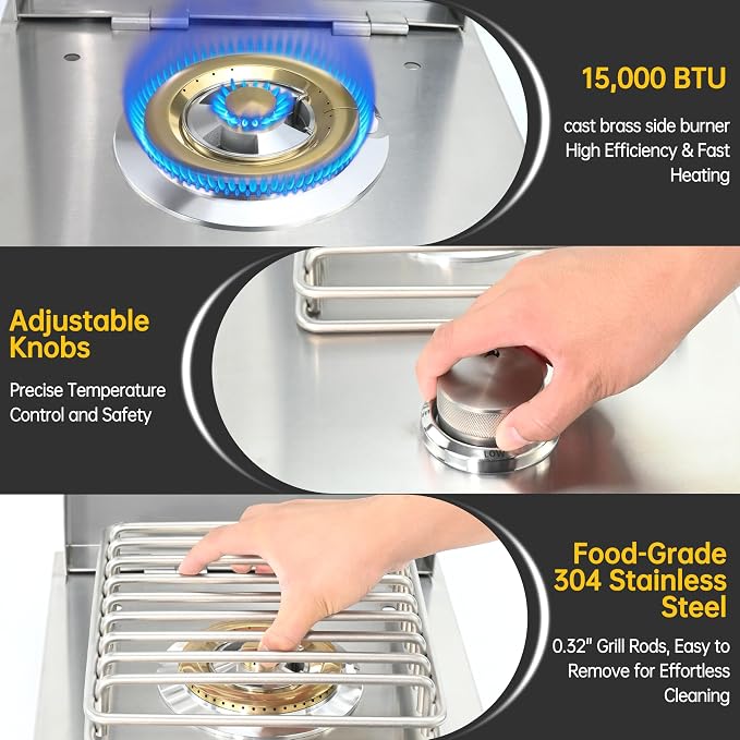 Single Side Burners-NG | Heavy-Duty 304 Stainless Steel Drop-In Side Burner, 15,000 BTU Natural Gas & Propane Burner for BBQ Island Outdoor Kitchen
