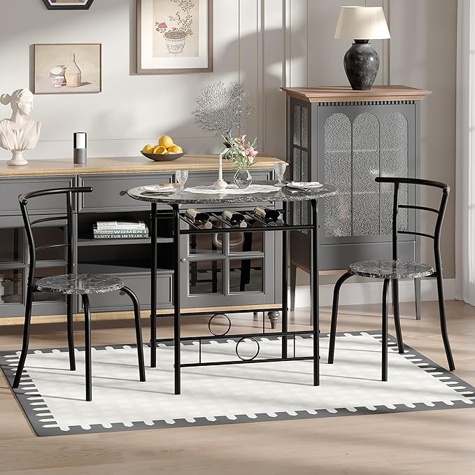 VECELO 3-Piece Dining Table Set for Kitchen Breakfast Nook, Wood Grain Oval Tabletop and Metal Frame with Built-in Wine Rack, for Small Spaces, Faux Marble Black
