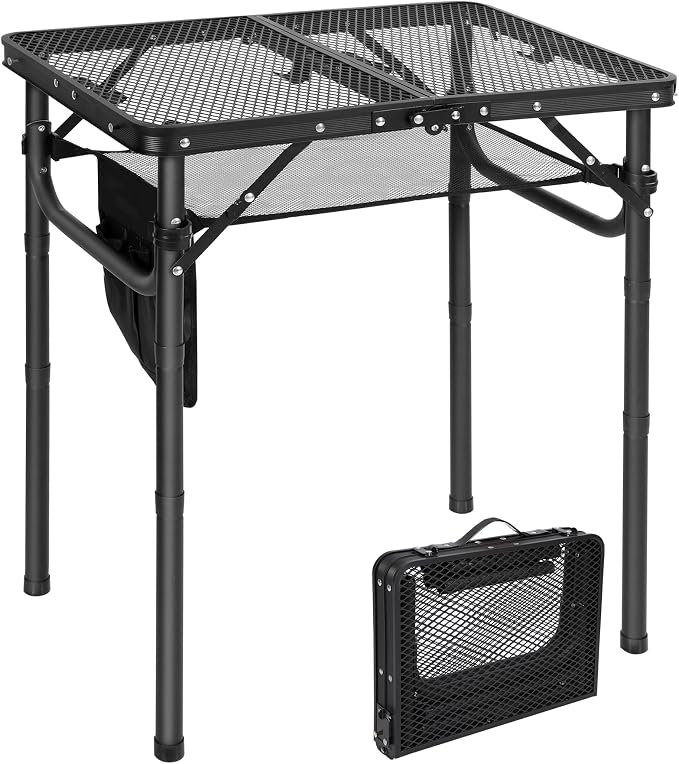 Folding Grill Table, Lightweight Height Adjustable Aluminum Table with Mesh Desktop and Mesh Bag for Outdoor Camping Picnic BBQ, Small 2 Feet, Black