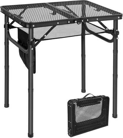 Folding Grill Table, Lightweight Height Adjustable Aluminum Table with Mesh Desktop and Mesh Bag for Outdoor Camping Picnic BBQ, Small 2 Feet, Black